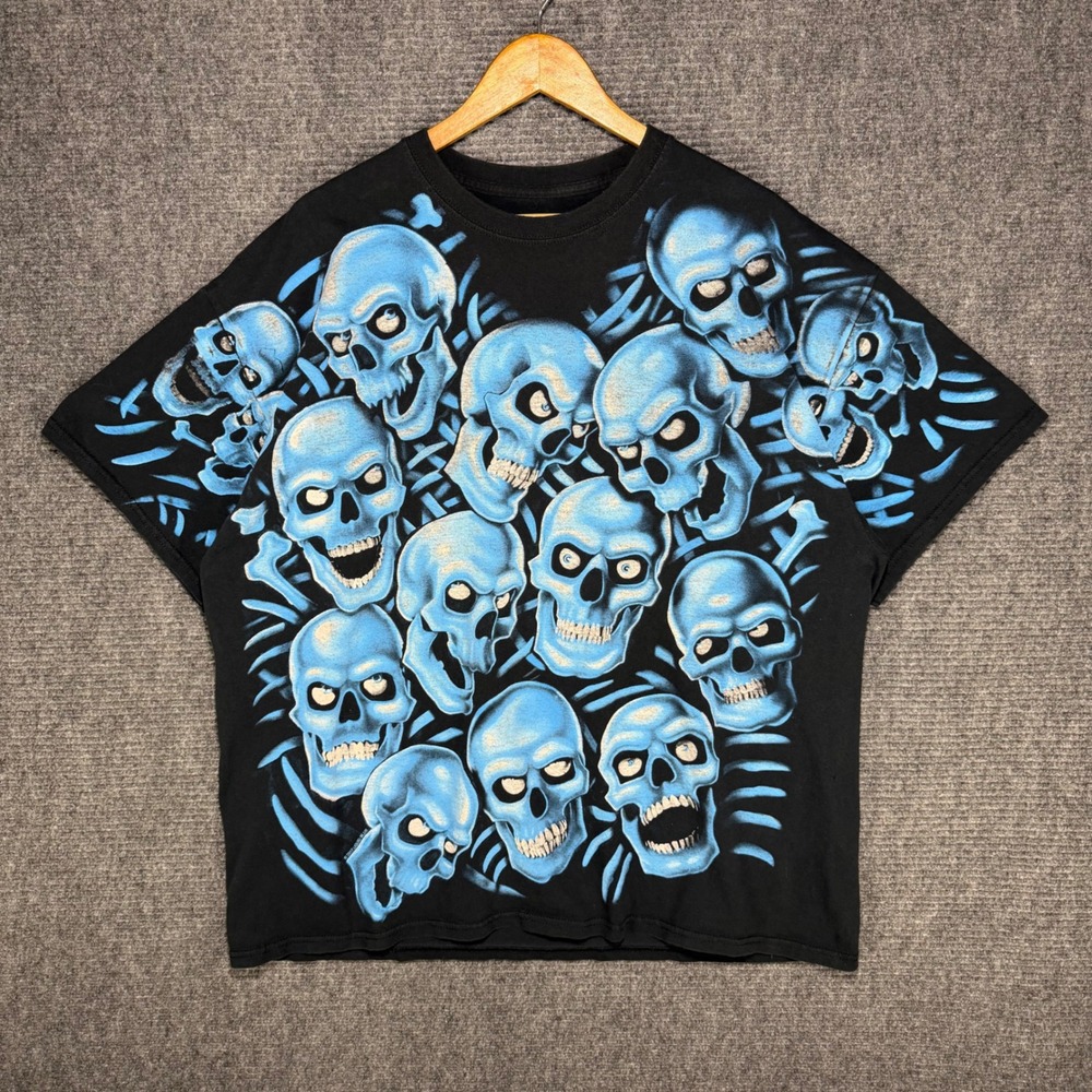 Liquid Blue Skull Pile T-Shirt Mens XL Black Blue All Over Print Graphic 2017